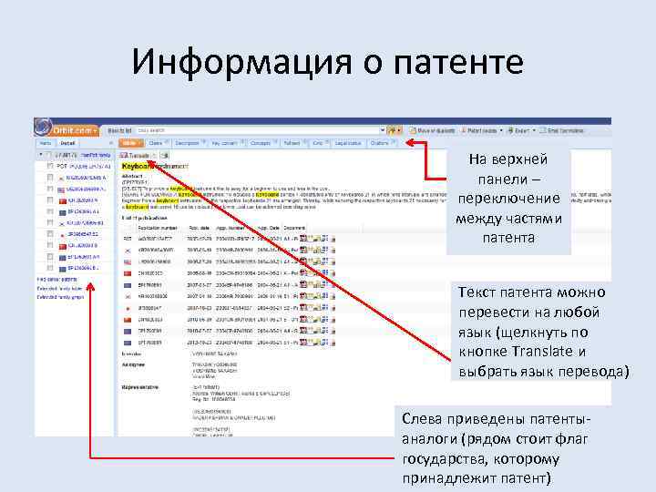 Информация о патенте На верхней панели – переключение между частями патента Текст патента можно