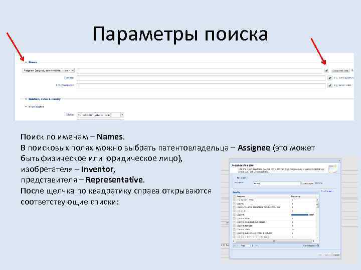 Параметры поиска Поиск по именам – Names. В поисковых полях можно выбрать патентовладельца –