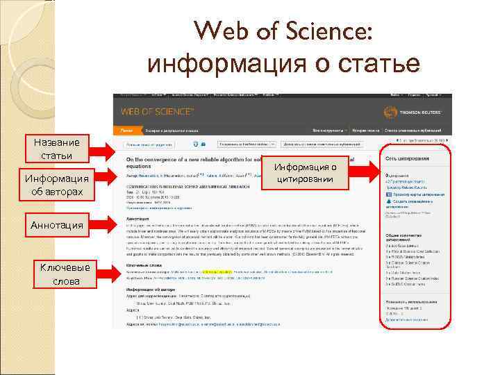 Web of Science: информация о статье Название статьи Информация об авторах Аннотация Ключевые слова