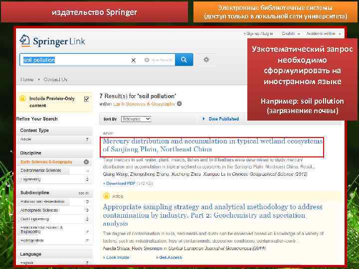 издательство Springer Электронные библиотечные системы (доступ только в локальной сети университета) Узкотематический запрос необходимо
