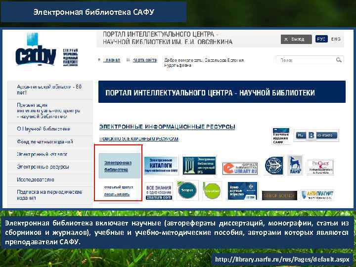 Электронная библиотека САФУ Электронная библиотека включает научные (авторефераты диссертаций, монографии, статьи из сборников и