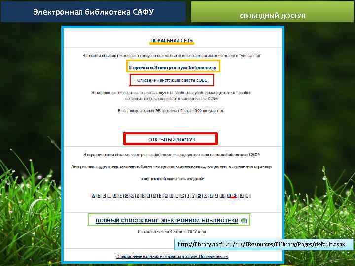 Электронная библиотека САФУ СВОБОДНЫЙ ДОСТУП http: //library. narfu. ru/rus/EResources/ELibrary/Pages/default. aspx 