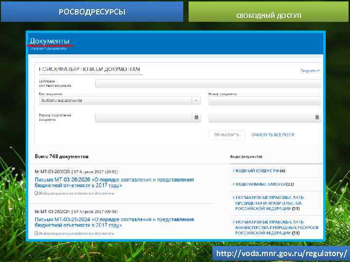 РОСВОДРЕСУРСЫ СВОБОДНЫЙ ДОСТУП http: //voda. mnr. gov. ru/regulatory/ 