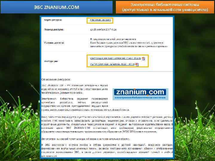 ЭБС ZNANIUM. COM Электронные библиотечные системы (доступ только в локальной сети университета) 