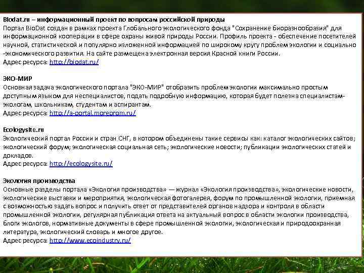 Biodat. ru – информационный проект по вопросам российской природы Портал Bio. Dat создан в