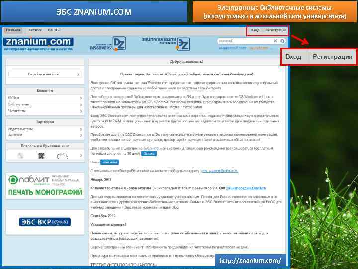 ЭБС ZNANIUM. COM Электронные библиотечные системы (доступ только в локальной сети университета) http: //znanium.