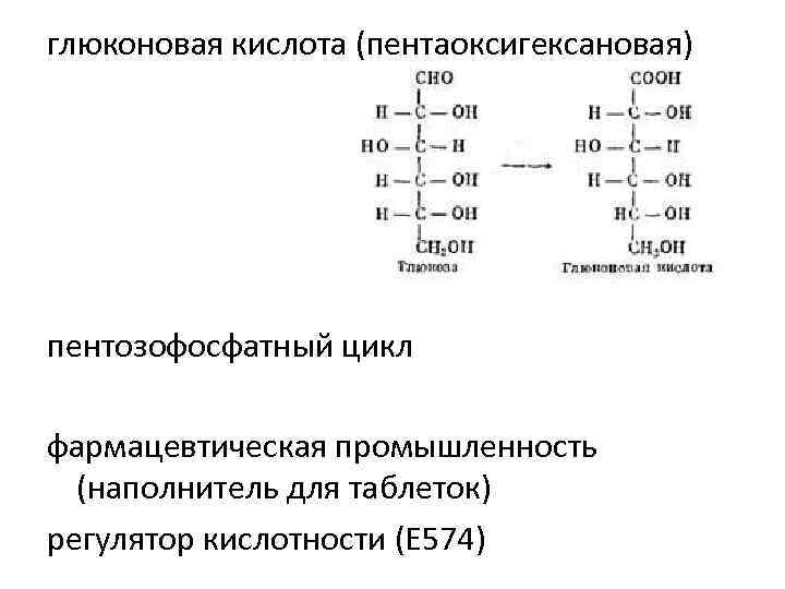 глюконовая кислота (пентаоксигексановая) пентозофосфатный цикл фармацевтическая промышленность (наполнитель для таблеток) регулятор кислотности (Е 574)