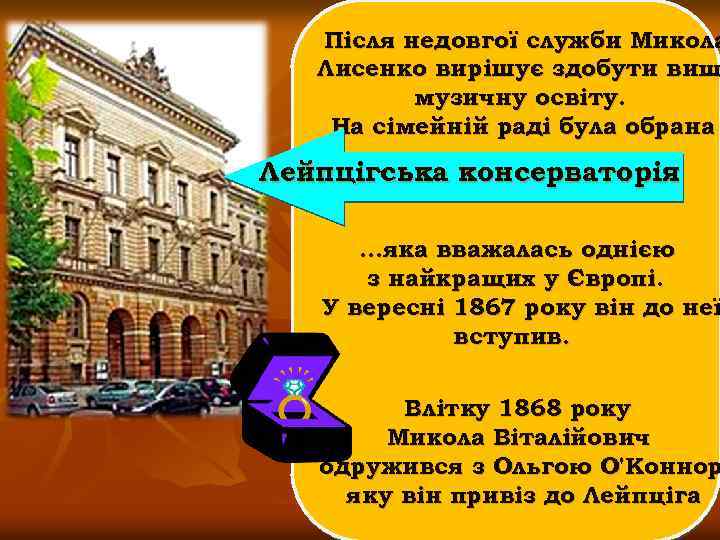 Після недовгої служби Микола Лисенко вирішує здобути вищ музичну освіту. На сімейній раді була