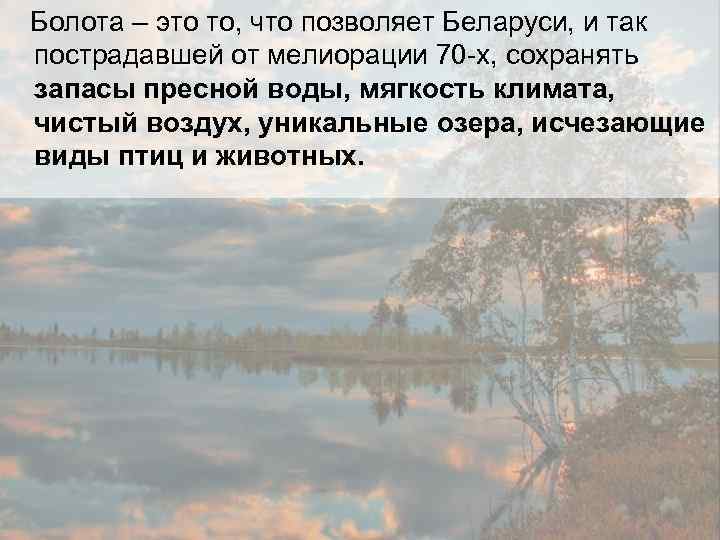  Болота – это то, что позволяет Беларуси, и так пострадавшей от мелиорации 70