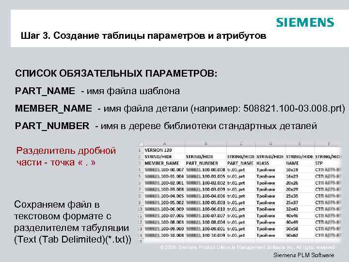 Шаг 3. Создание таблицы параметров и атрибутов СПИСОК ОБЯЗАТЕЛЬНЫХ ПАРАМЕТРОВ: PART_NAME - имя файла