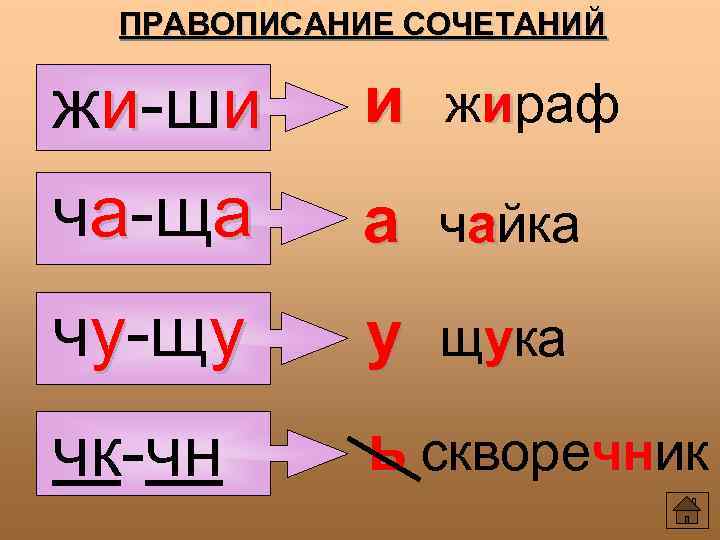 ПРАВОПИСАНИЕ СОЧЕТАНИЙ жи-ши и жираф ча-ща а чайка чу-щу у щука чк-чн ь скворечник