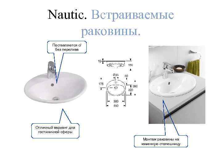 Nautic. Bстраиваемые раковины. Поставляются с/ без перелива Отличный вариант для гостиничной сферы Монтаж раковины