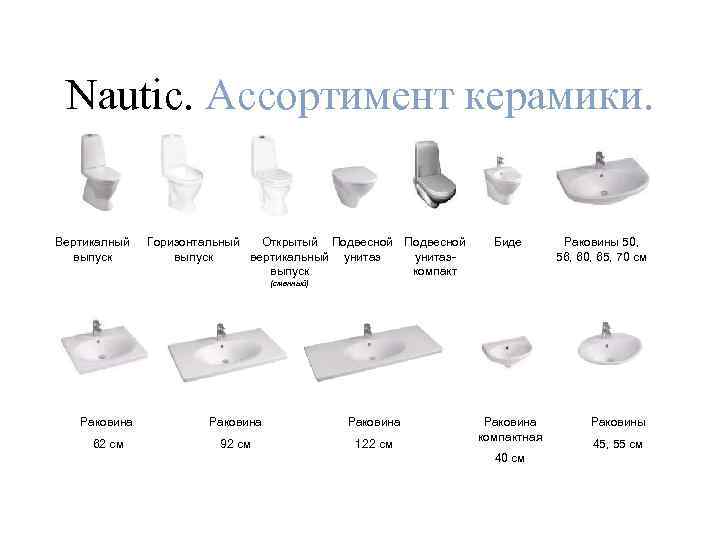 Nautic. Ассортимент керамики. Вертикалный выпуск Горизонтальный Открытый Подвесной выпуск вертикальный унитазвыпуск компакт Биде Раковины