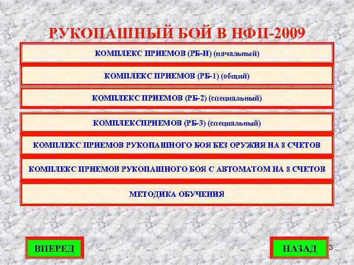 РУКОПАШНЫЙ БОЙ В НФП-2009 КОМПЛЕКС ПРИЕМОВ (РБ-Н) (начальный) КОМПЛЕКС ПРИЕМОВ (РБ-1) (общий) КОМПЛЕКС ПРИЕМОВ