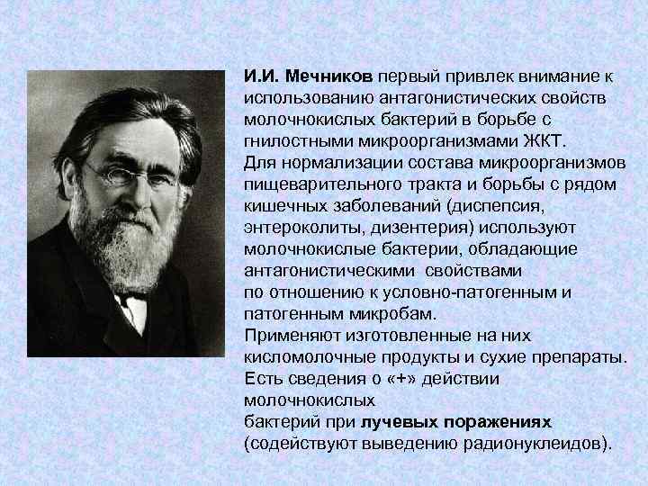 И. И. Мечников первый привлек внимание к использованию антагонистических свойств молочнокислых бактерий в борьбе