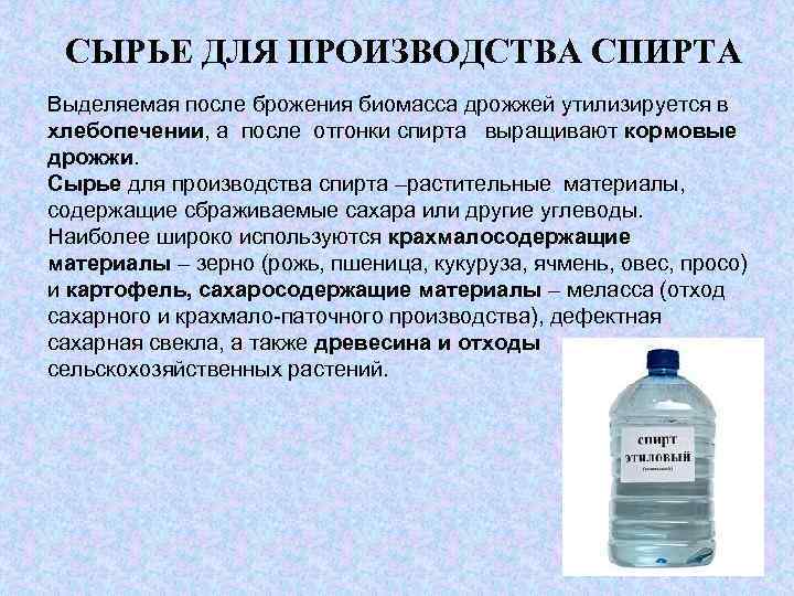 СЫРЬЕ ДЛЯ ПРОИЗВОДСТВА СПИРТА Выделяемая после брожения биомасса дрожжей утилизируется в хлебопечении, а после