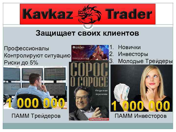 Защищает своих клиентов Профессионалы Контролируют ситуацию Риски до 5% 1. Новички 2. Инвесторы 3.