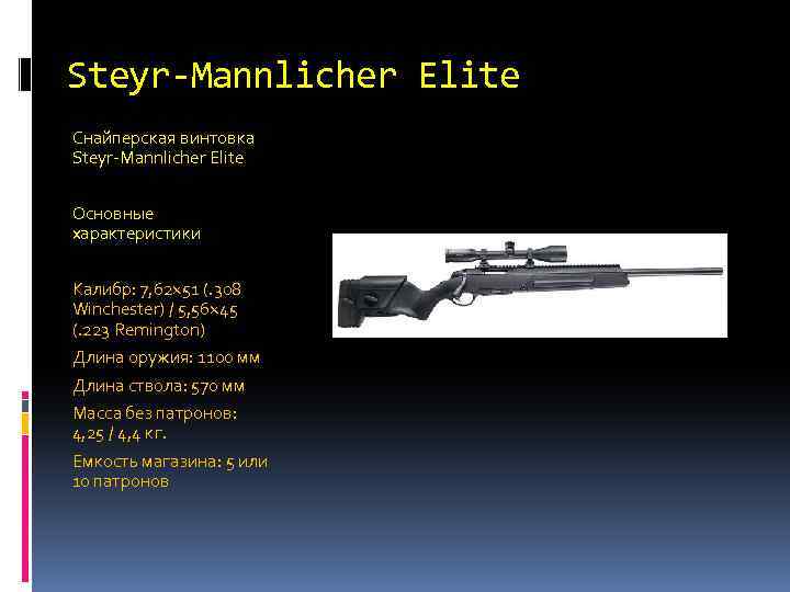 Steyr-Mannlicher Elite Снайперская винтовка Steyr-Mannlicher Elite Основные характеристики Калибр: 7, 62× 51 (. 308