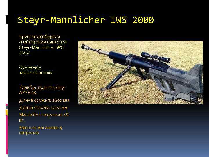 Steyr-Mannlicher IWS 2000 Крупнокалиберная снайперская винтовка Steyr-Mannlicher IWS 2000 Основные характеристики Калибр: 15, 2