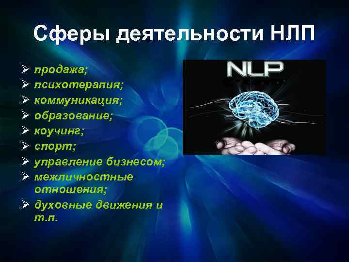 Сферы деятельности НЛП Ø Ø Ø Ø продажа; психотерапия; коммуникация; образование; коучинг; спорт; управление