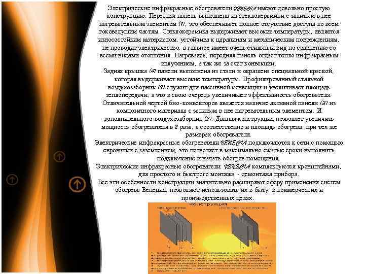 Электрические инфракрасные обогреватели VENECIA имеют довольно простую конструкцию. Передняя панель выполнена из стеклокерамики с