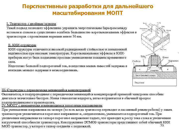 Перспективные разработки для дальнейшего масштабирования МОПТ I. Транзистор с двойным затворм Такой подход позволяет
