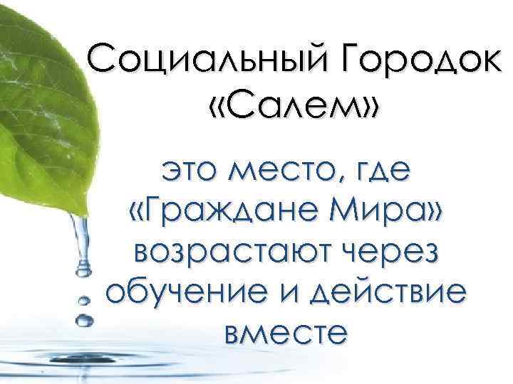 Социальный Городок «Салем» это место, где «Граждане Мира» возрастают через обучение и действие вместе