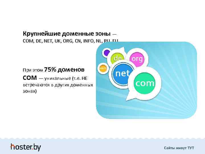 Крупнейшие доменные зоны — COM, DE, NET, UK, ORG, CN, INFO, NL, RU, EU