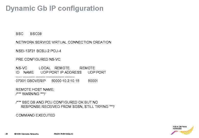 Dynamic Gb IP configuration BSC 08 NETWORK SERVICE VIRTUAL CONNECTION CREATION NSEI-13731 BCSU-2 PCU-4