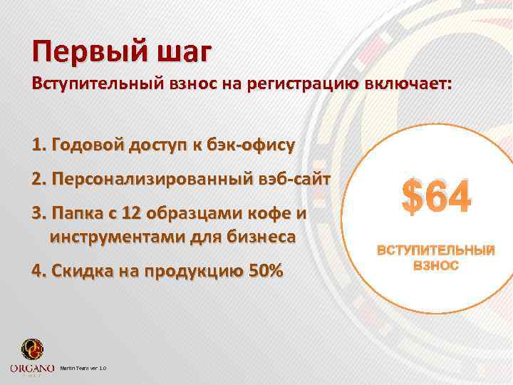 Первый шаг Вступительный взнос на регистрацию включает: 1. Годовой доступ к бэк-офису 2. Персонализированный