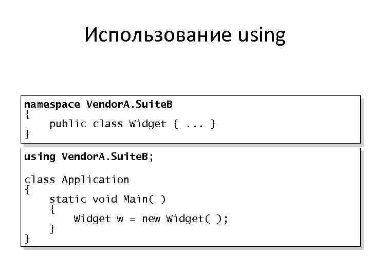 Использование using namespace Vendor. A. Suite. B { public class Widget {. . .