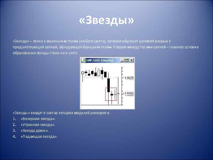  «Звезды» «Звезда» – свеча с маленьким телом (любого цвета), которая образует ценовой разрыв