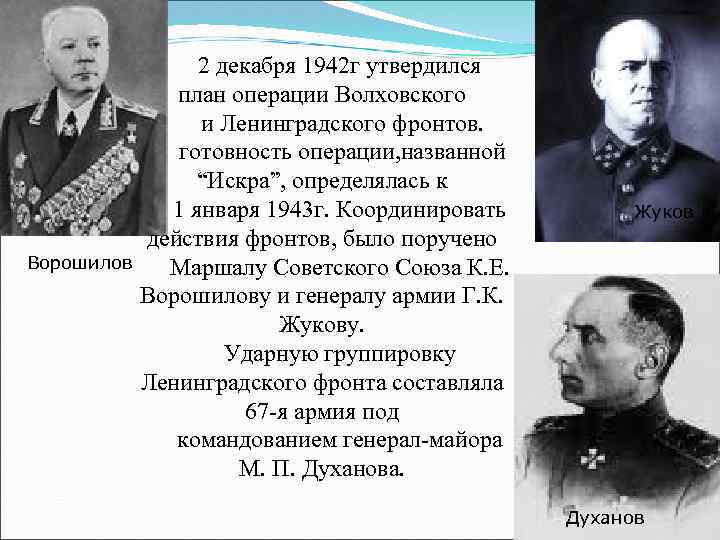 Ворошилов 2 декабря 1942 г утвердился план операции Волховского и Ленинградского фронтов. готовность операции,