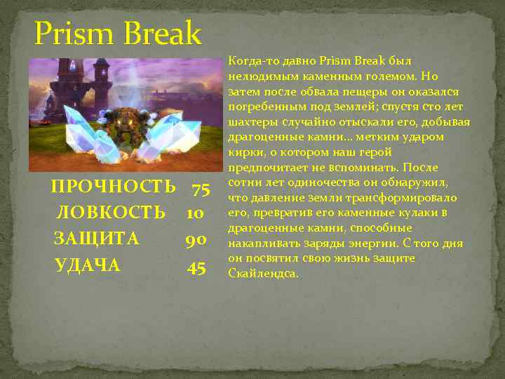 Prism Break ПРОЧНОСТЬ ЛОВКОСТЬ ЗАЩИТА УДАЧА 75 10 90 45 Когда-то давно Prism Break