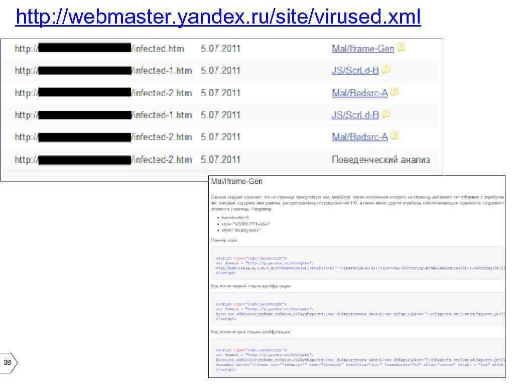 http: //webmaster. yandex. ru/site/virused. xml 38 
