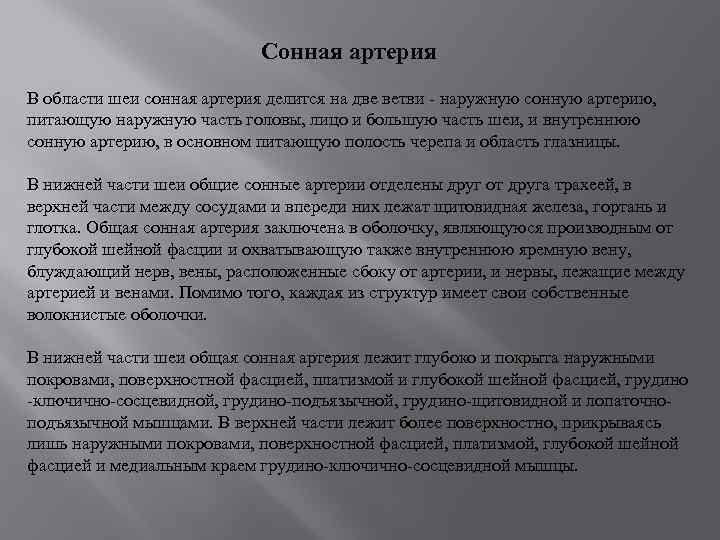 Сонная артерия В области шеи сонная артерия делится на две ветви - наружную сонную