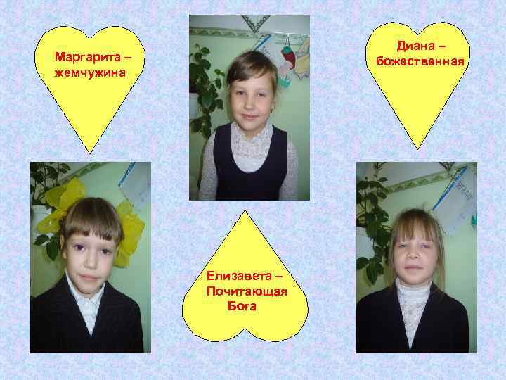 Диана – божественная Маргарита – жемчужина Елизавета – Почитающая Бога 