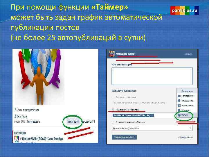 При помощи функции «Таймер» может быть задан график автоматической публикации постов (не более 25