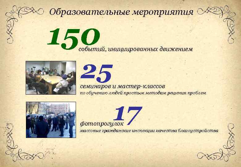 Образовательные мероприятия 150 событий, инициированных движением 25 семинаров и мастер-классов по обучению людей простым