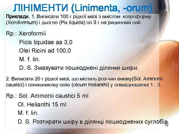 ЛІНІМЕНТИ (Linimenta, -orum) Приклади. 1. Виписати 100 г рідкої мазі з вмістом ксероформу (Xeroformium)
