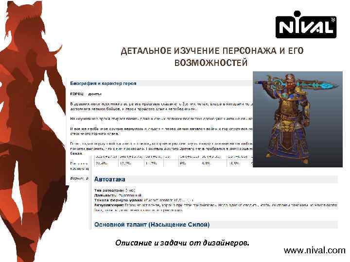 ДЕТАЛЬНОЕ ИЗУЧЕНИЕ ПЕРСОНАЖА И ЕГО ВОЗМОЖНОСТЕЙ Описание и задачи от дизайнеров. www. nival. com