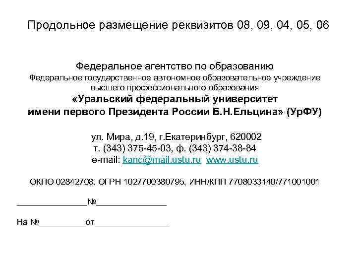 Продольное размещение реквизитов 08, 09, 04, 05, 06 Федеральное агентство по образованию Федеральное государственное