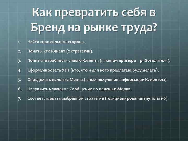 Как превратить себя в Бренд на рынке труда? 1. Найти свои сильные стороны. 2.