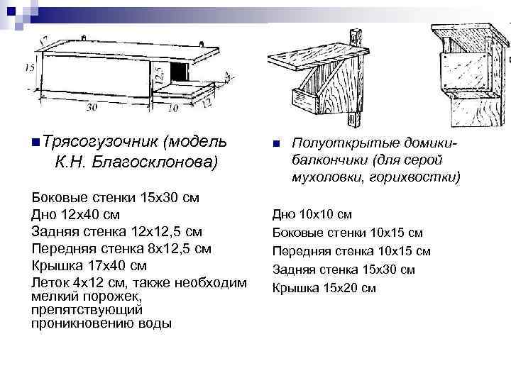 n. Трясогузочник (модель К. Н. Благосклонова) Боковые стенки 15 х30 см Дно 12 х40