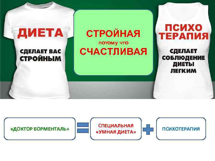 СТРОЙНАЯ потому что СЧАСТЛИВАЯ «ДОКТОР БОРМЕНТАЛЬ» СПЕЦИАЛЬНАЯ «УМНАЯ ДИЕТА» ПСИХОТЕРАПИЯ 