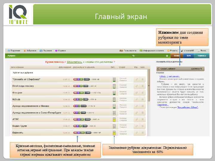 Главный экран Нажимаем для создания рубрики по теме мониторинга Красные-негатив, фиолетовые-смешанные, зеленые позитив, черные