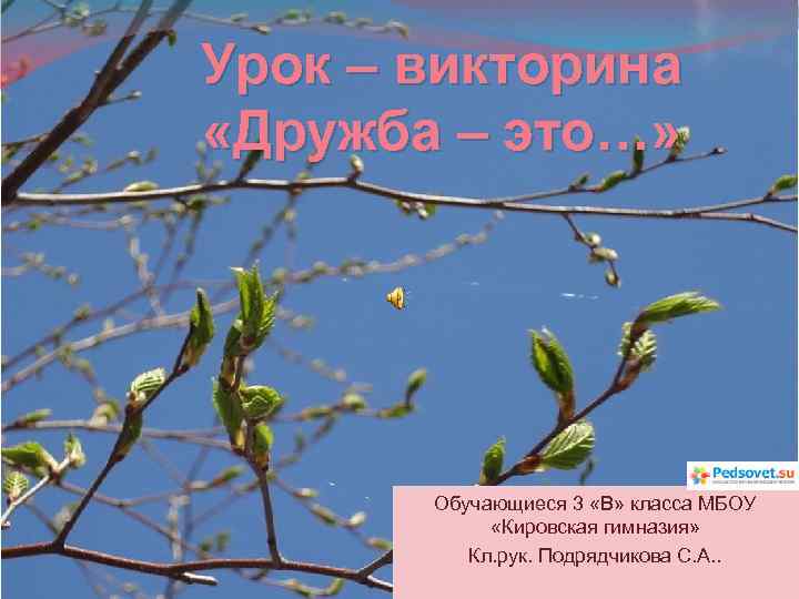 Урок – викторина «Дружба – это…» Обучающиеся 3 «В» класса МБОУ «Кировская гимназия» Кл.