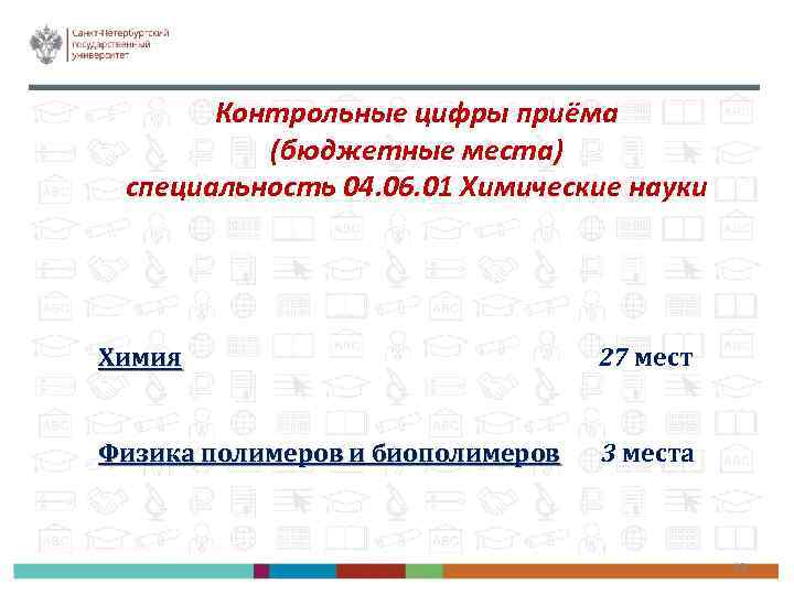 Контрольные цифры приёма (бюджетные места) специальность 04. 06. 01 Химические науки Химия 27 мест