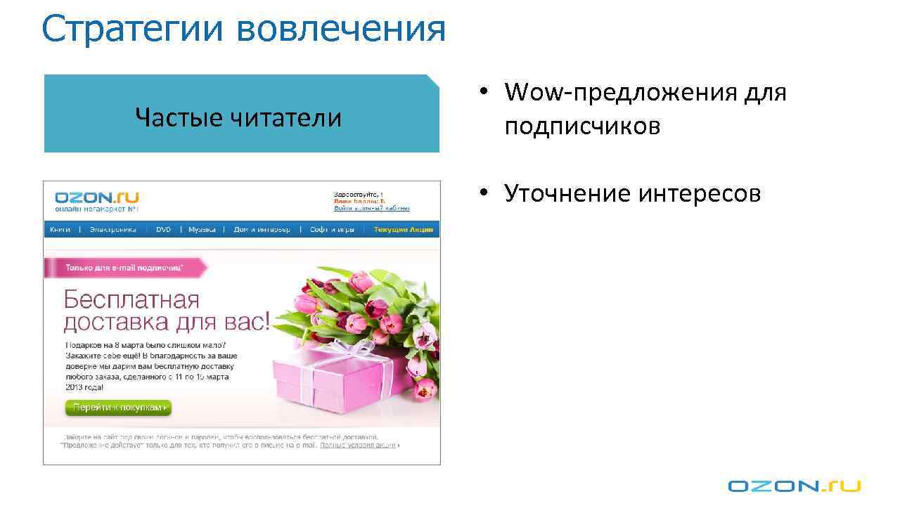Стратегии вовлечения Частые читатели • Wow-предложения для подписчиков • Уточнение интересов 