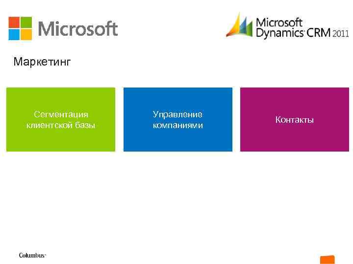 Маркетинг Сегментация клиентской базы Управление компаниями Контакты 